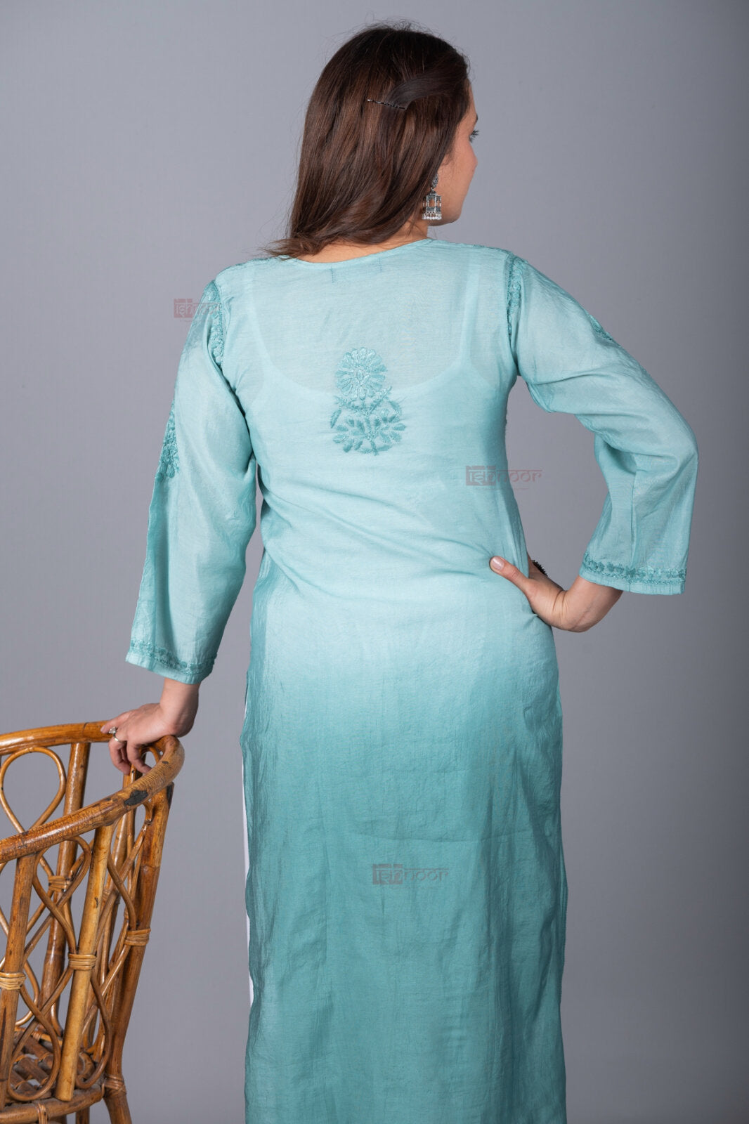 Meher Premium Chanderi Long Chikankari Kurti - mint-green