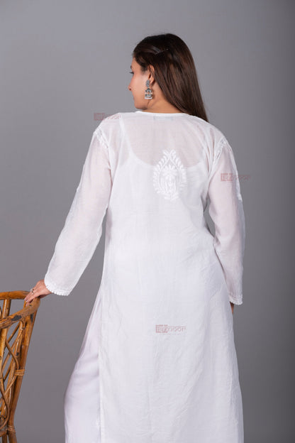 Meher Chanderi Long Chikankari Lace Kurti - white