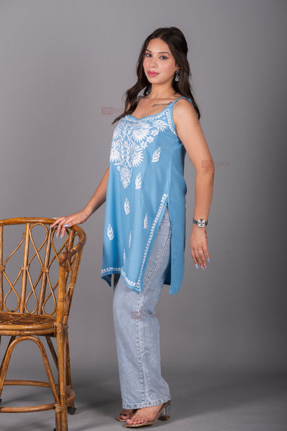 Meher Straight Rayon Chikankari Kurti - powder-blue
