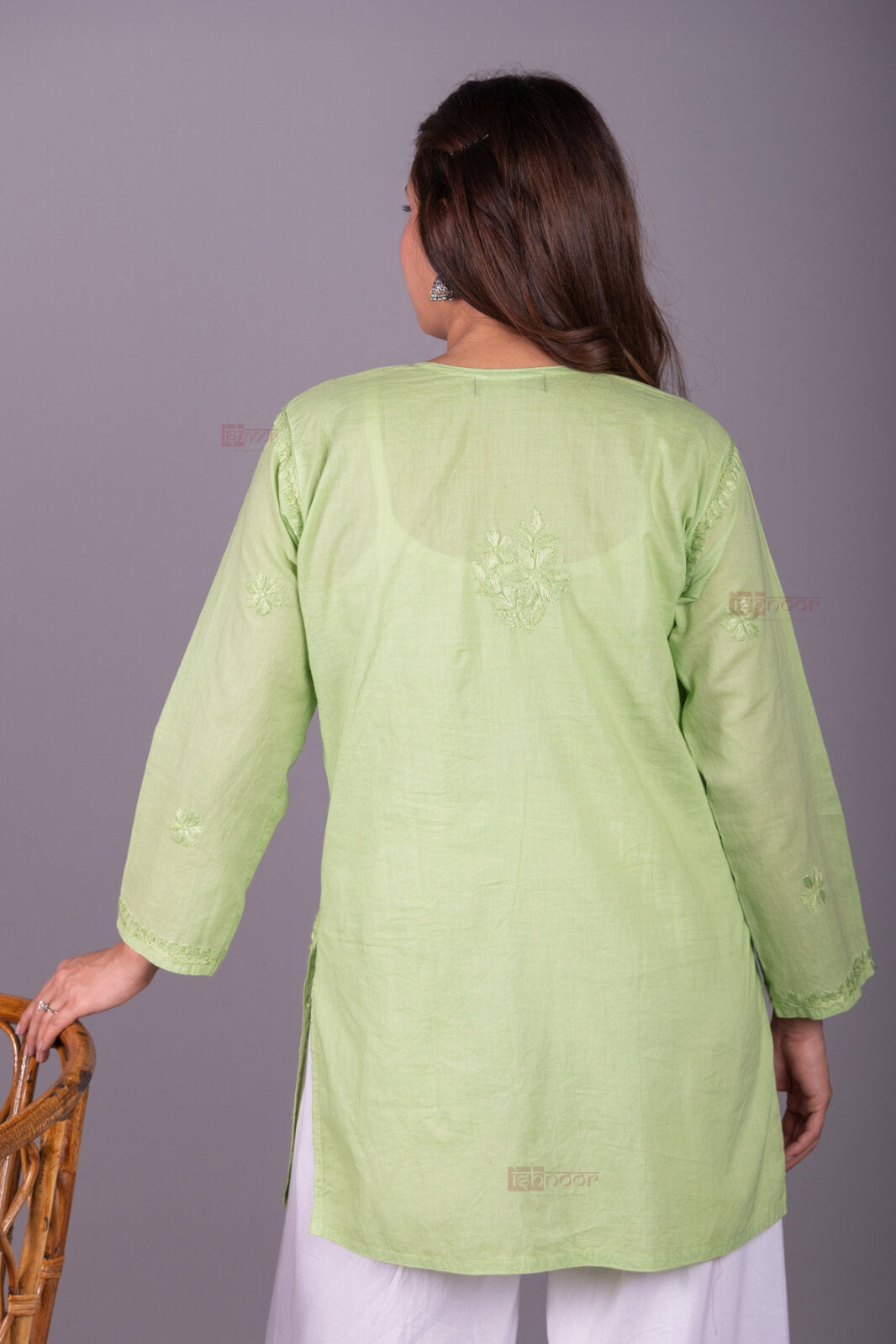 Meher Short Cotton Chikankari Kurti 2 - pistachio-green