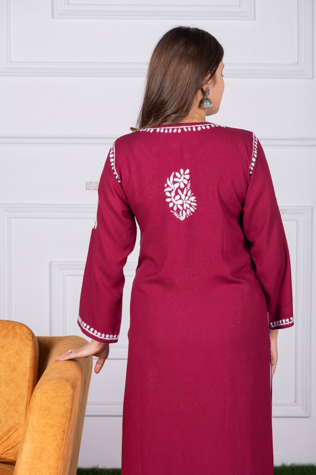 Meher Rayon Long Chikankari Kurti 4 - maroon