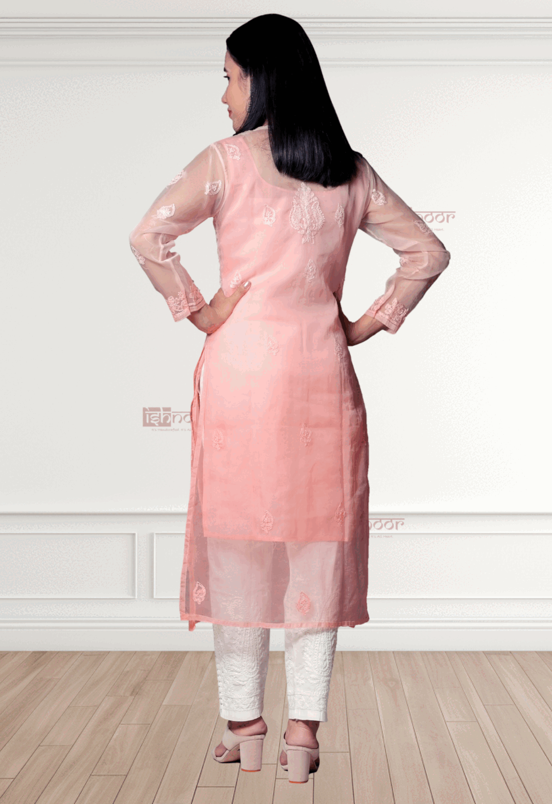 Noor  Premium Organza Long Chikankari Kurti - soft-peach