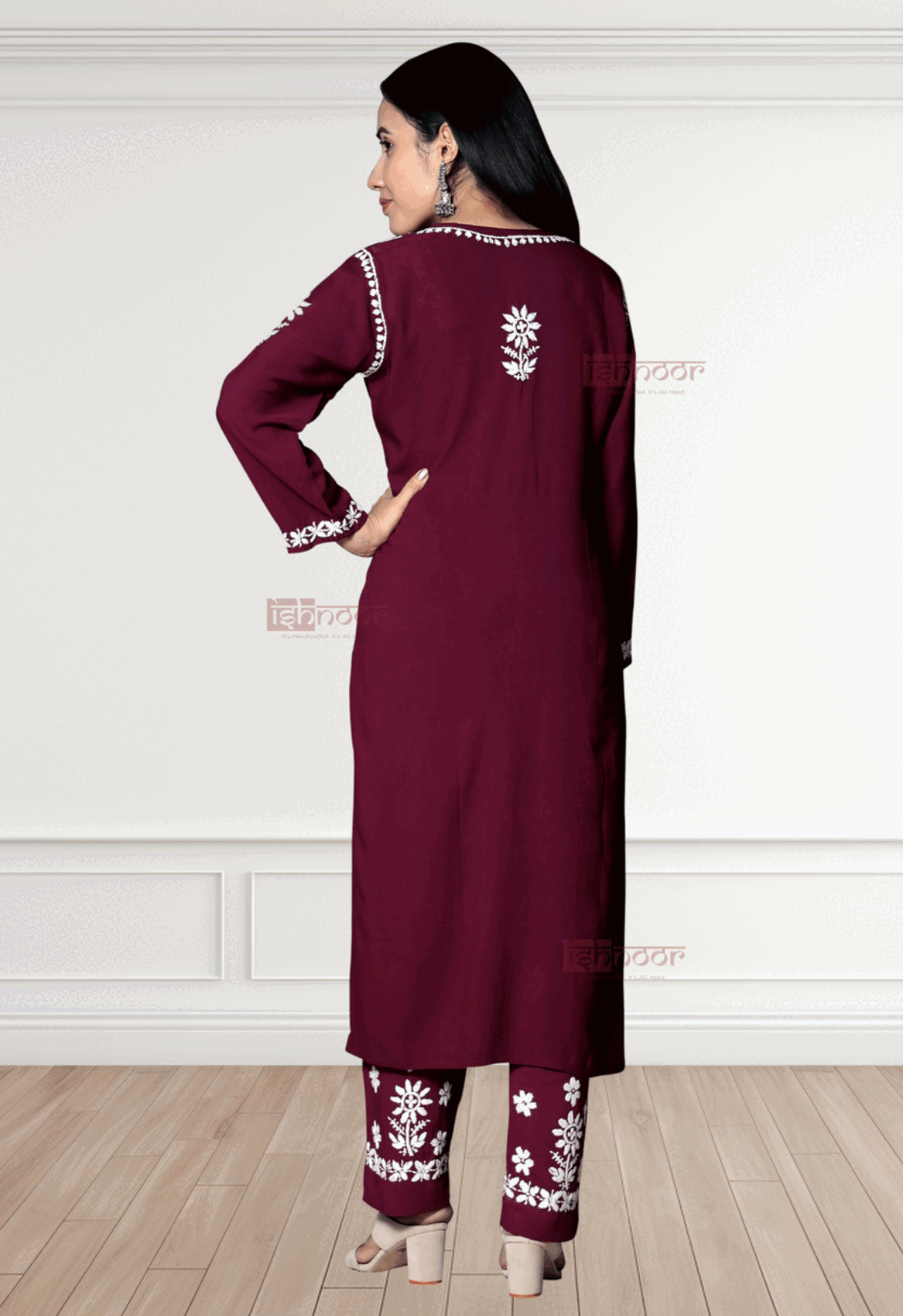 Noor Rayon Chikankari Kurti & Palazzo Set - maroon