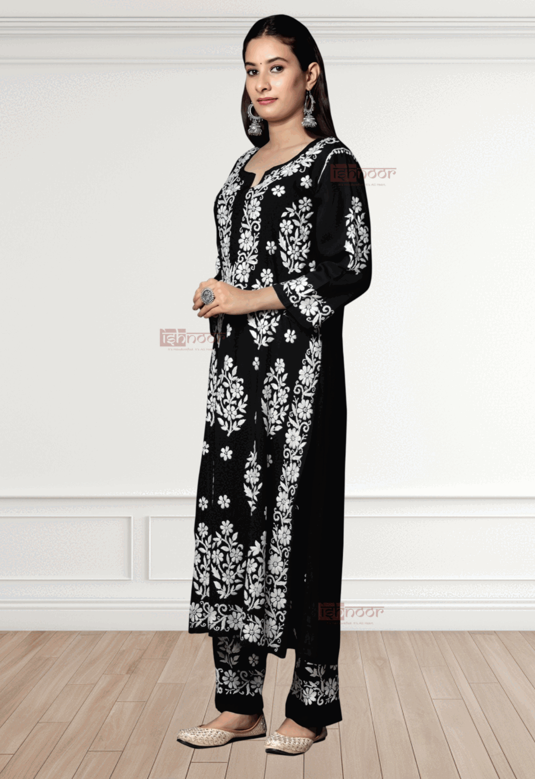 Noor Modal Chikankari Kurti & Palazzo Set - black