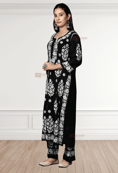 Noor Modal Chikankari Kurti & Palazzo Set - black