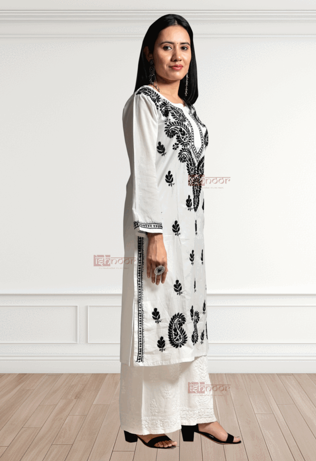 Noor Cotton Long Chikankari Kurti - white