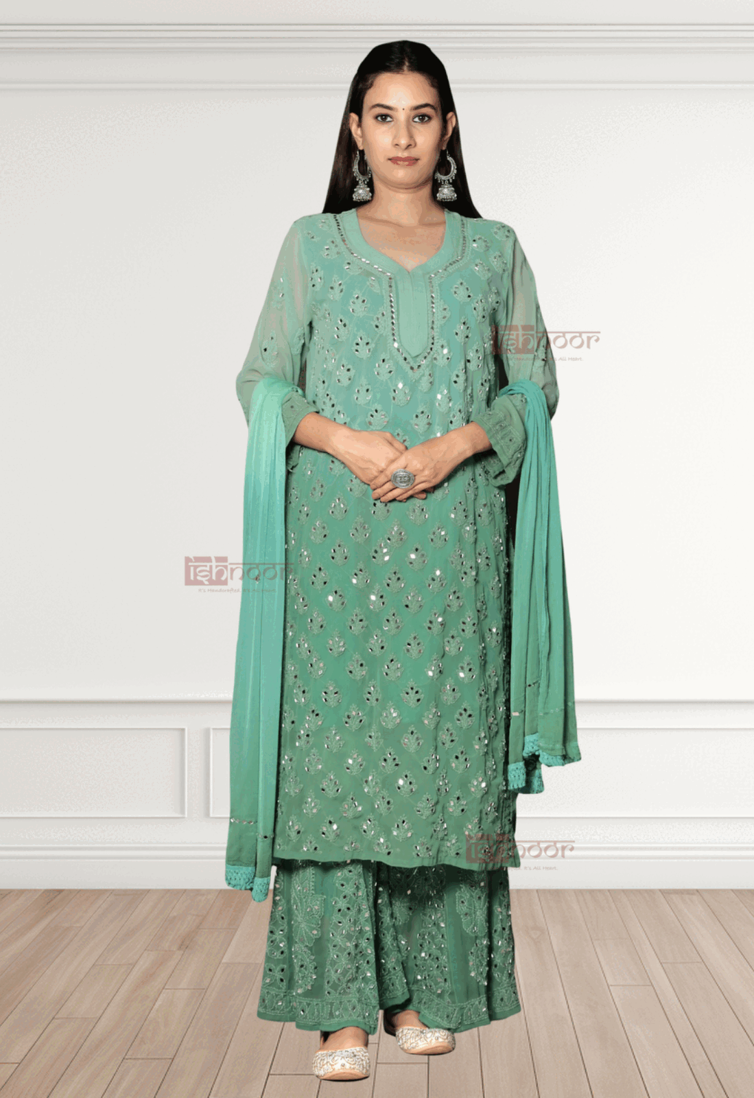 Noor Chikankari Mirror Georgette Kurta Set - mint-green