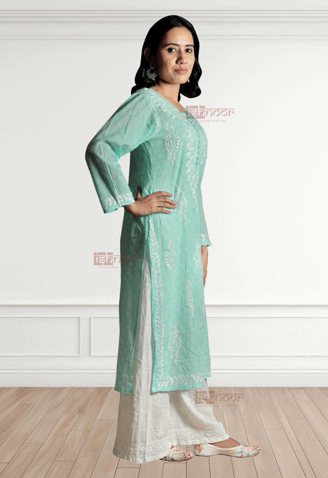 Noor Mul Cotton Long Chikankari Kurti - aqua-blue
