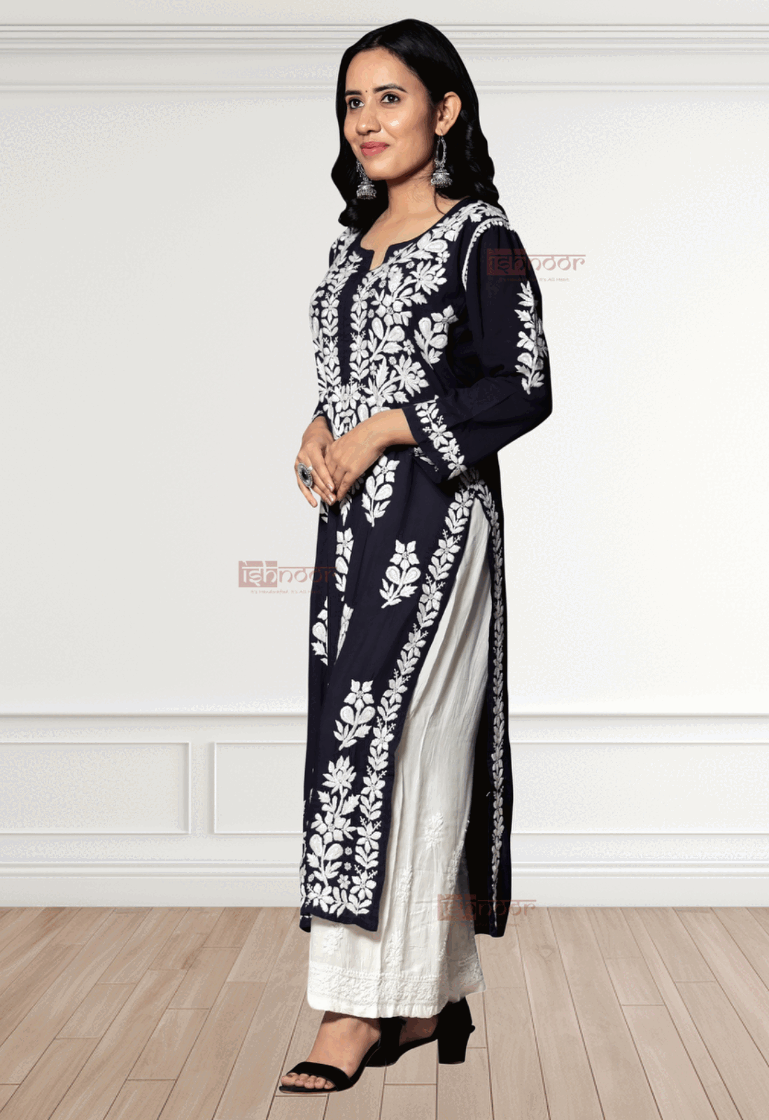 Noor Premium Modal Chikankari Kurti - navy-blue