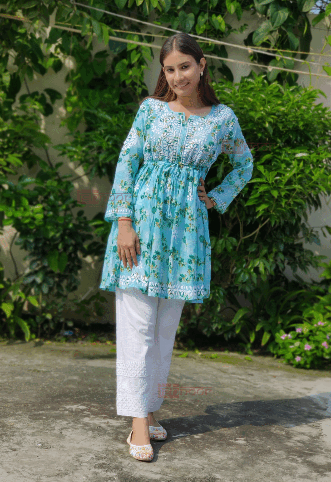Noor Mul Cotton Short Chikankari Kurti - aqua-blue