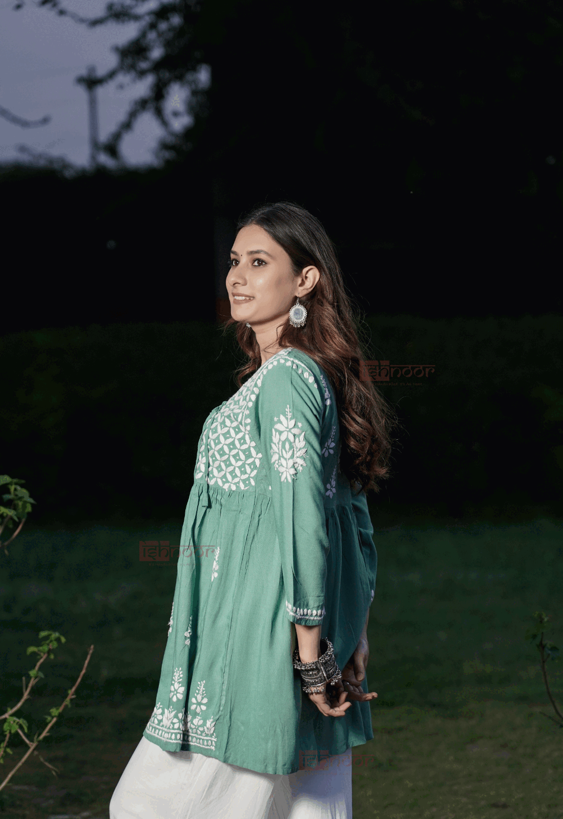 Falak Rayon Chikankari Angrakha Short Kurti 2 - mint-green