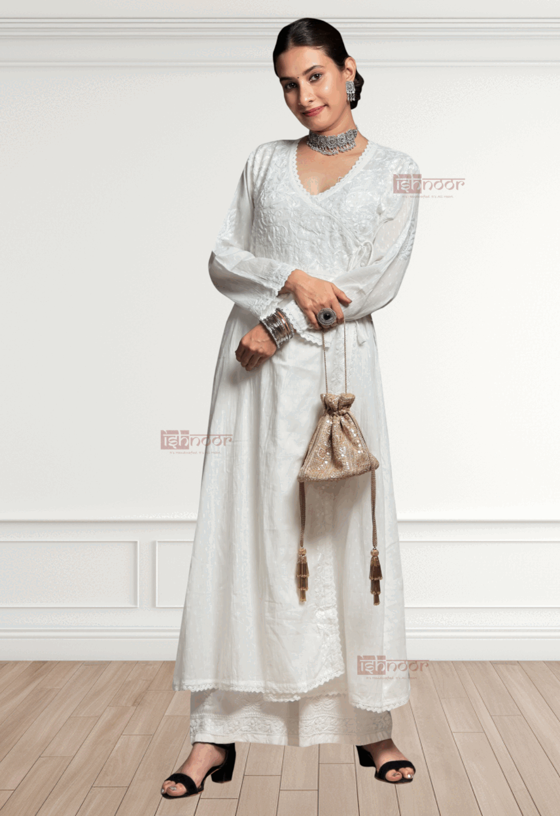 Noor Angrakha Dobby Cotton Chikankari Kurti - white