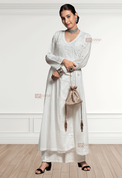 Noor Angrakha Dobby Cotton Chikankari Kurti - white