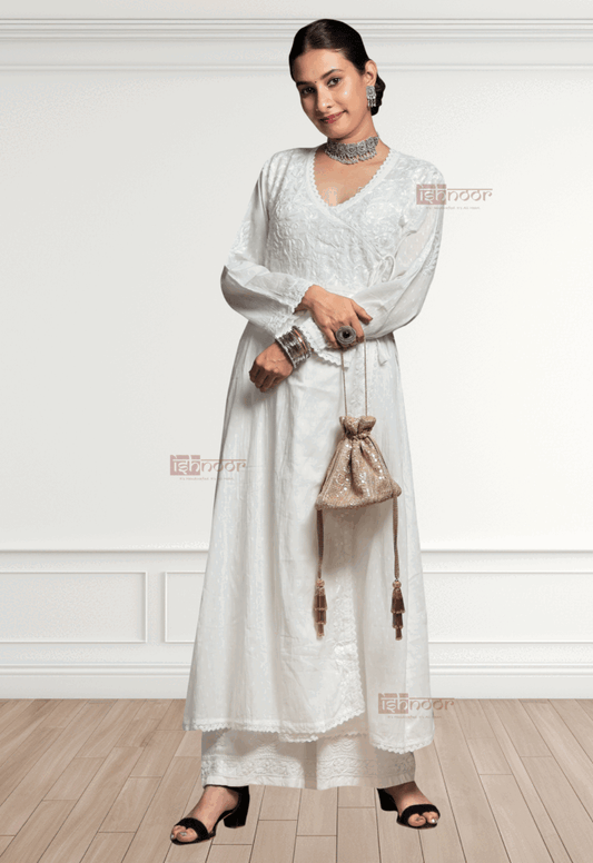 Noor Angrakha Dobby Cotton Chikankari Kurti - white