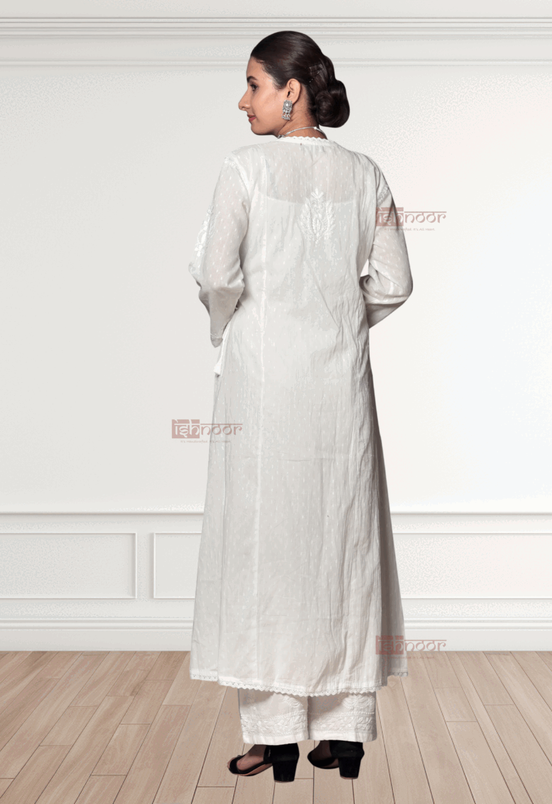 Noor Angrakha Dobby Cotton Chikankari Kurti - white