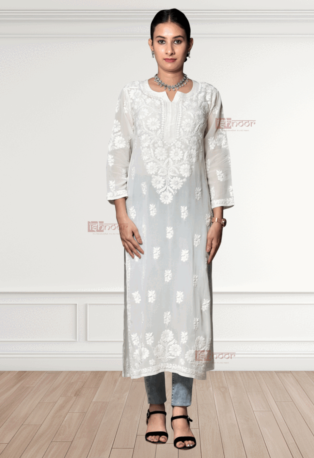 Noor Viscose Straight Chikankari Kurti - white