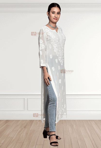 Noor Viscose Straight Chikankari Kurti - white
