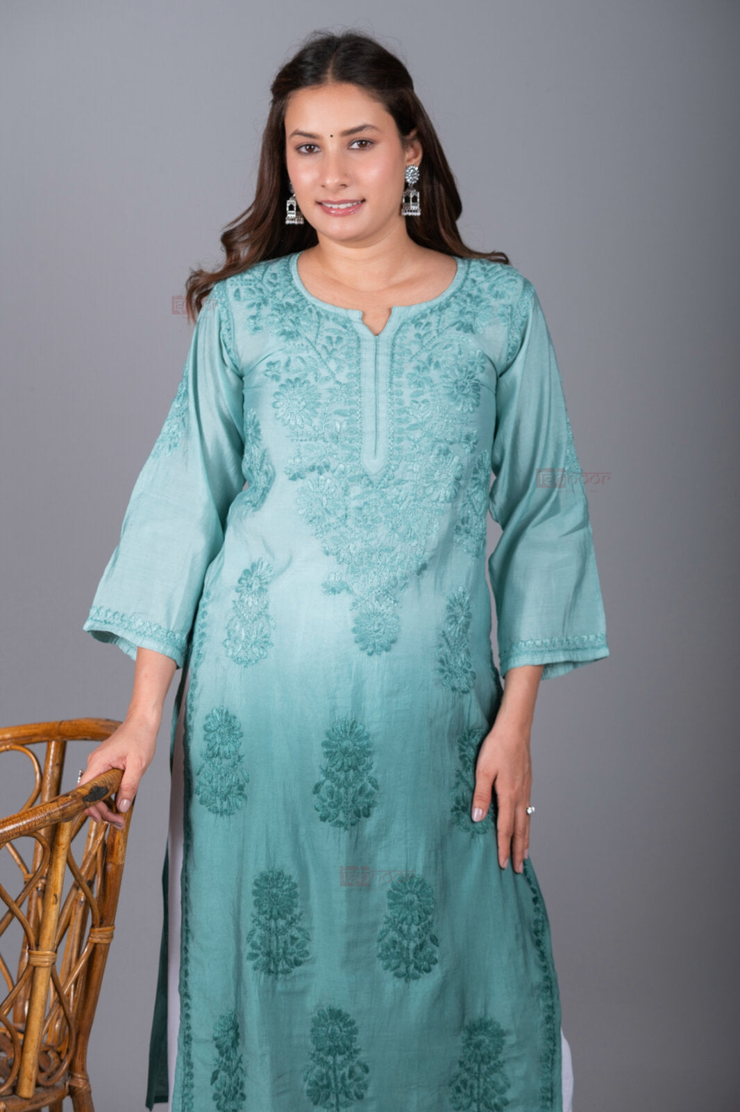Meher Premium Chanderi Long Chikankari Kurti - mint-green