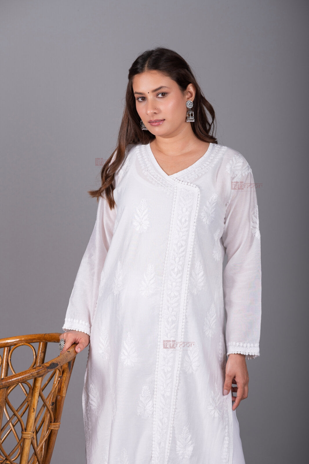 Meher Chanderi Long Chikankari Lace Kurti - white