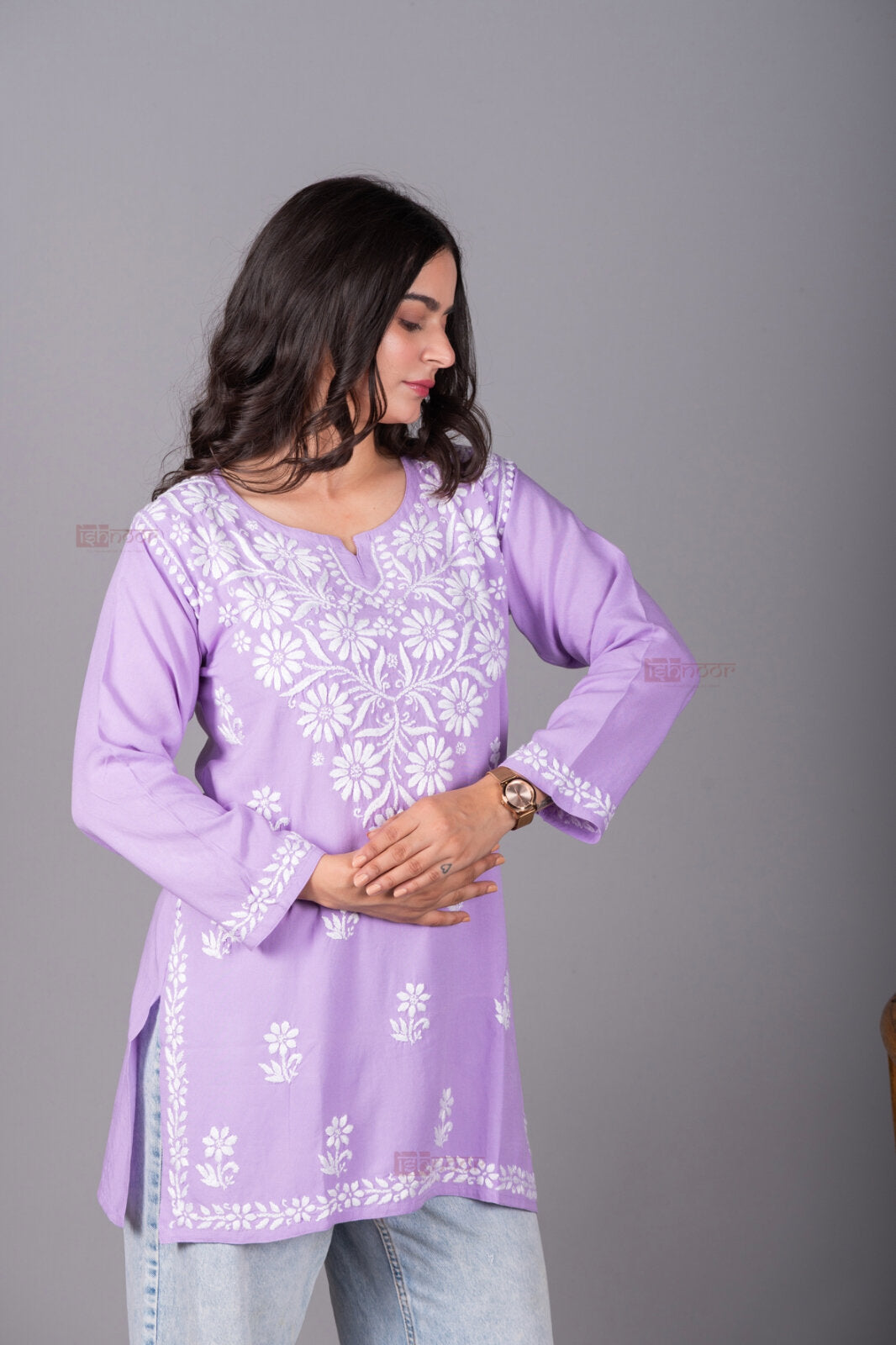 Meher Rayon Short Chikankari Kurti - lavender