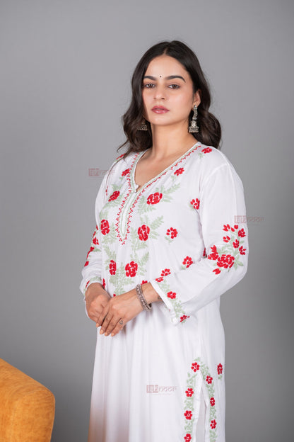 Meher Rayon Long Chikankari Kurti 3 - white
