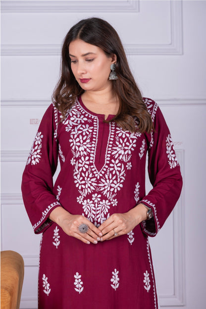 Meher Rayon Long Chikankari Kurti 4 - maroon