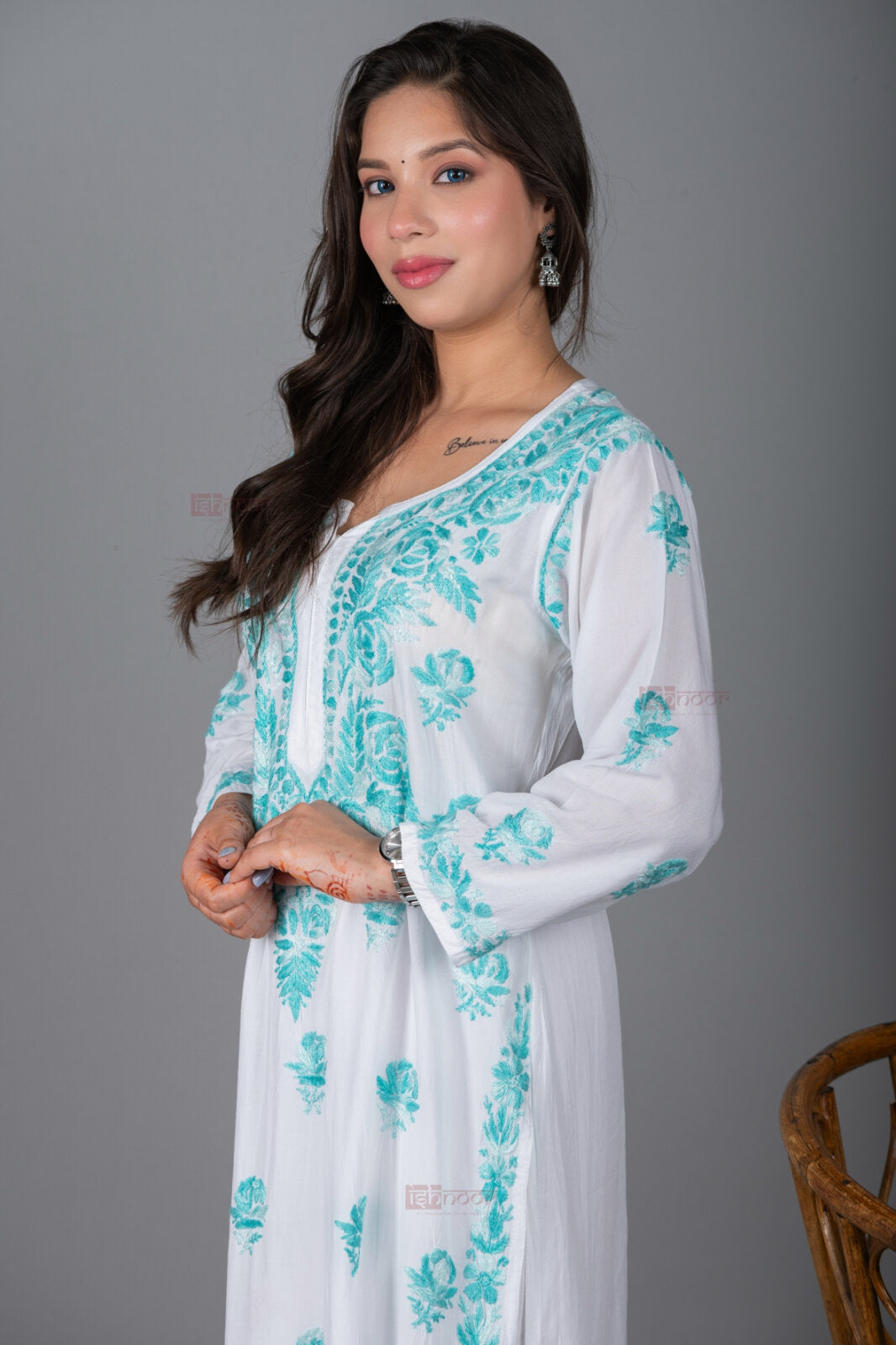 Meher Premium Modal Chikankari Kurti - aqua-blue