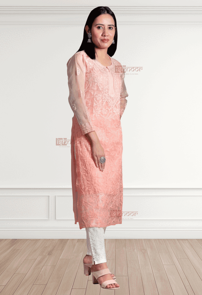 Noor  Premium Organza Long Chikankari Kurti - soft-peach