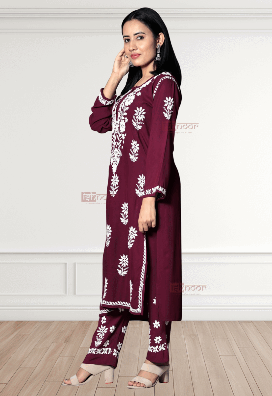 Noor Rayon Chikankari Kurti & Palazzo Set - maroon