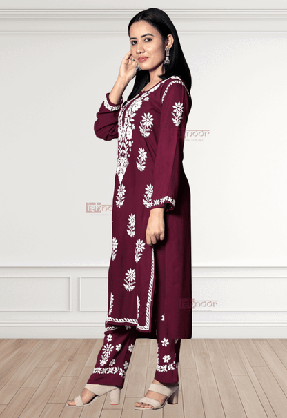Noor Rayon Chikankari Kurti & Palazzo Set - maroon