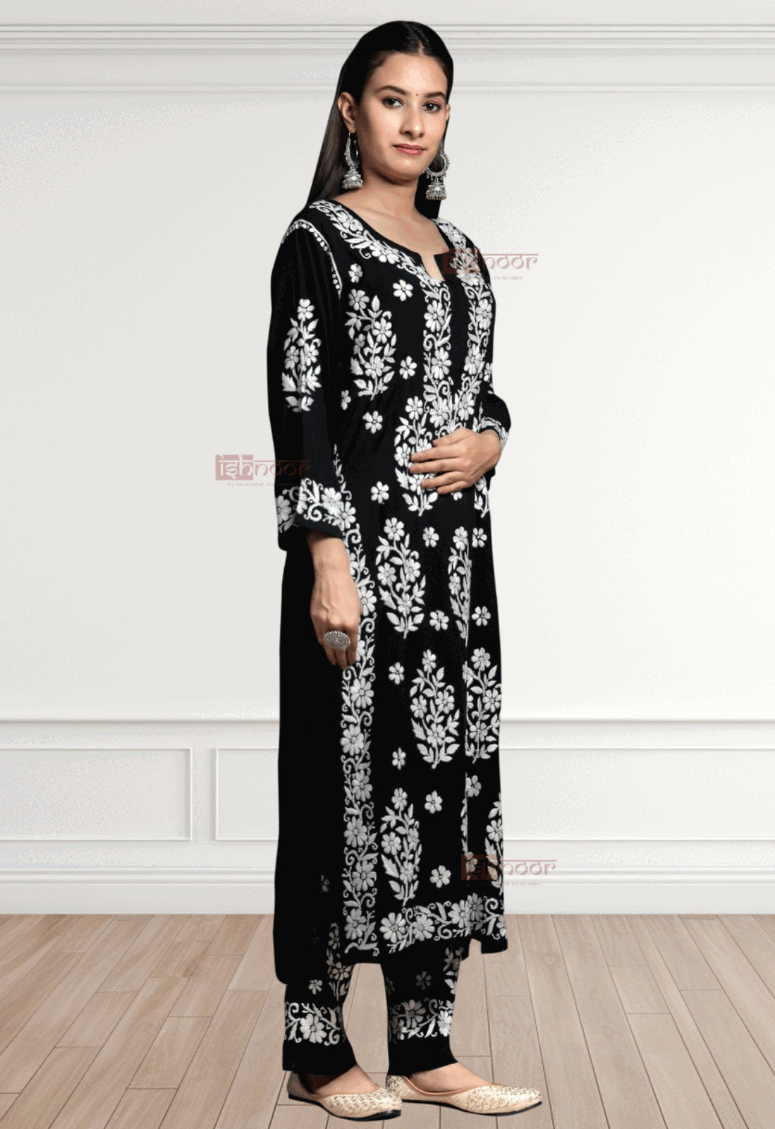 Noor Modal Chikankari Kurti & Palazzo Set - black