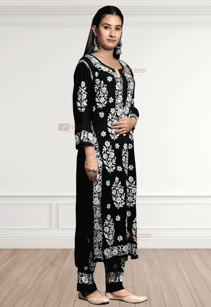 Noor Modal Chikankari Kurti & Palazzo Set - black