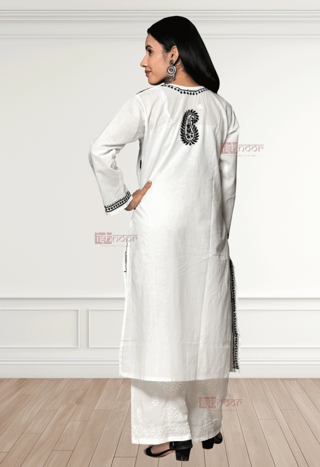 Noor Cotton Long Chikankari Kurti - white