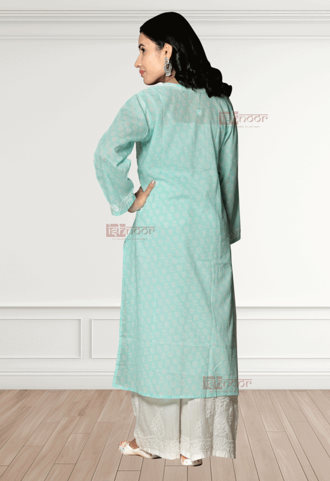 Noor Mul Cotton Long Chikankari Kurti - aqua-blue
