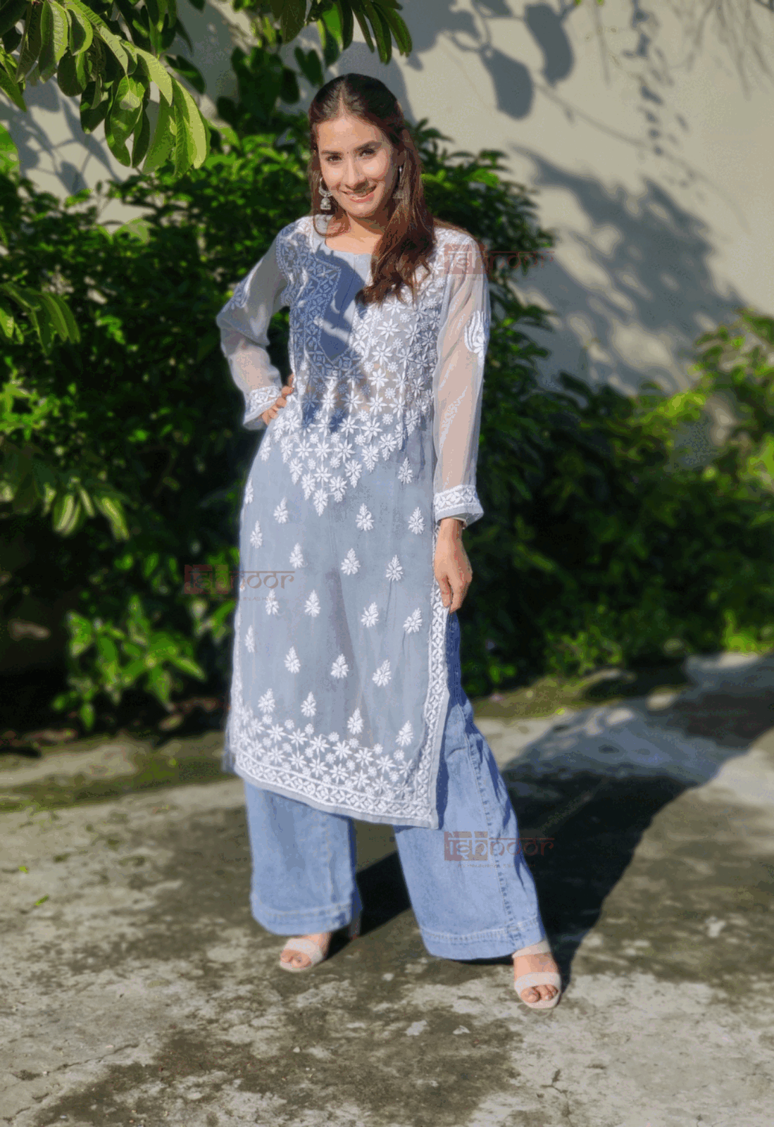 Noor Georgette Long Chikankari Kurti - slate-blue