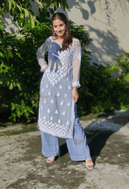 Noor Georgette Long Chikankari Kurti - slate-blue