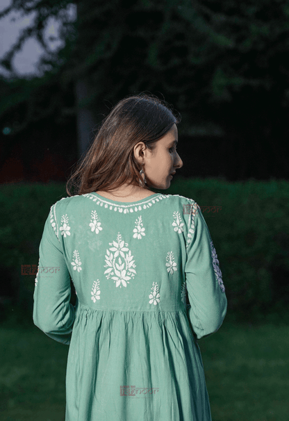 Falak Rayon Chikankari Angrakha Short Kurti 2 - mint-green