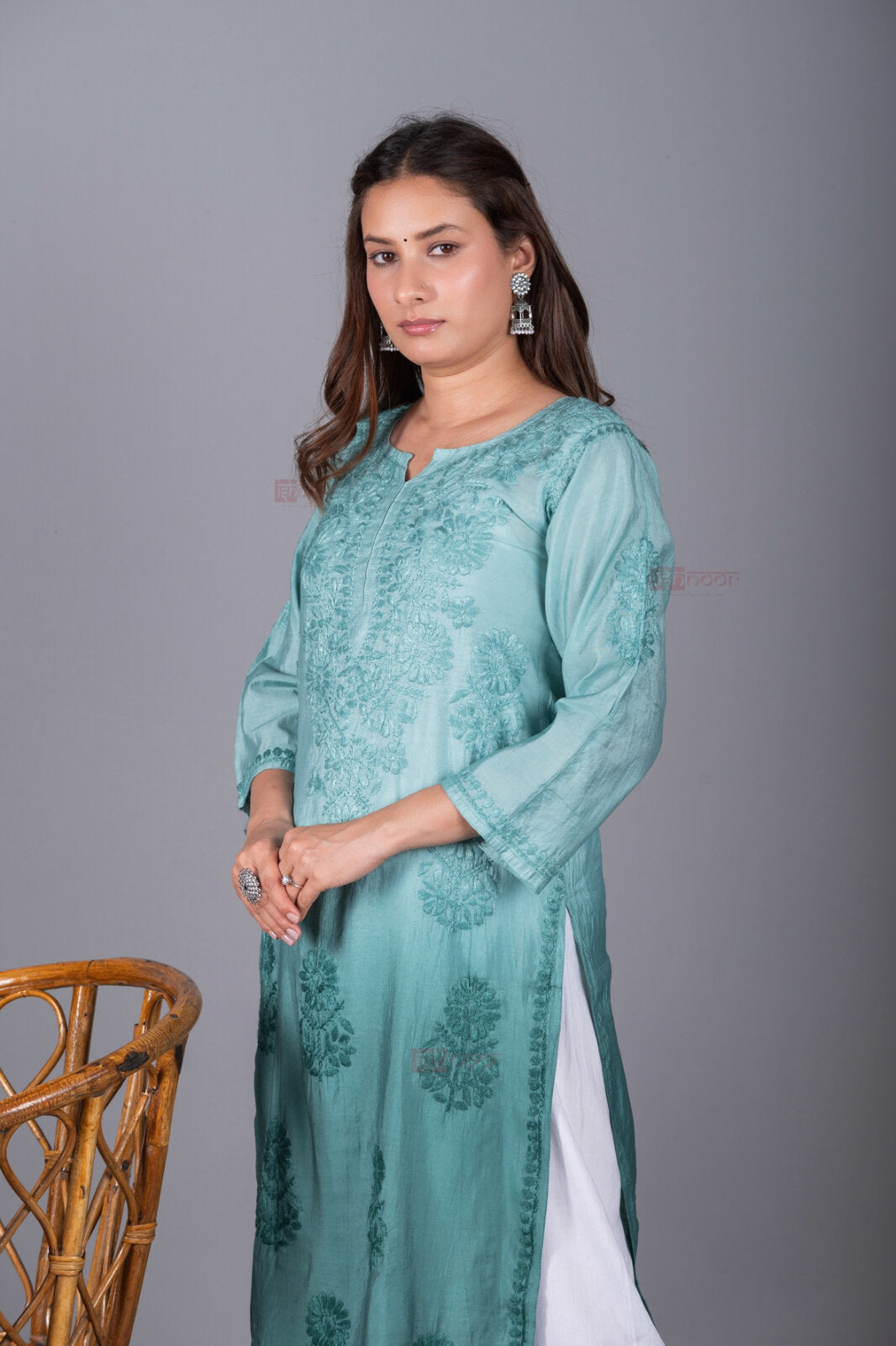 Meher Premium Chanderi Long Chikankari Kurti - mint-green