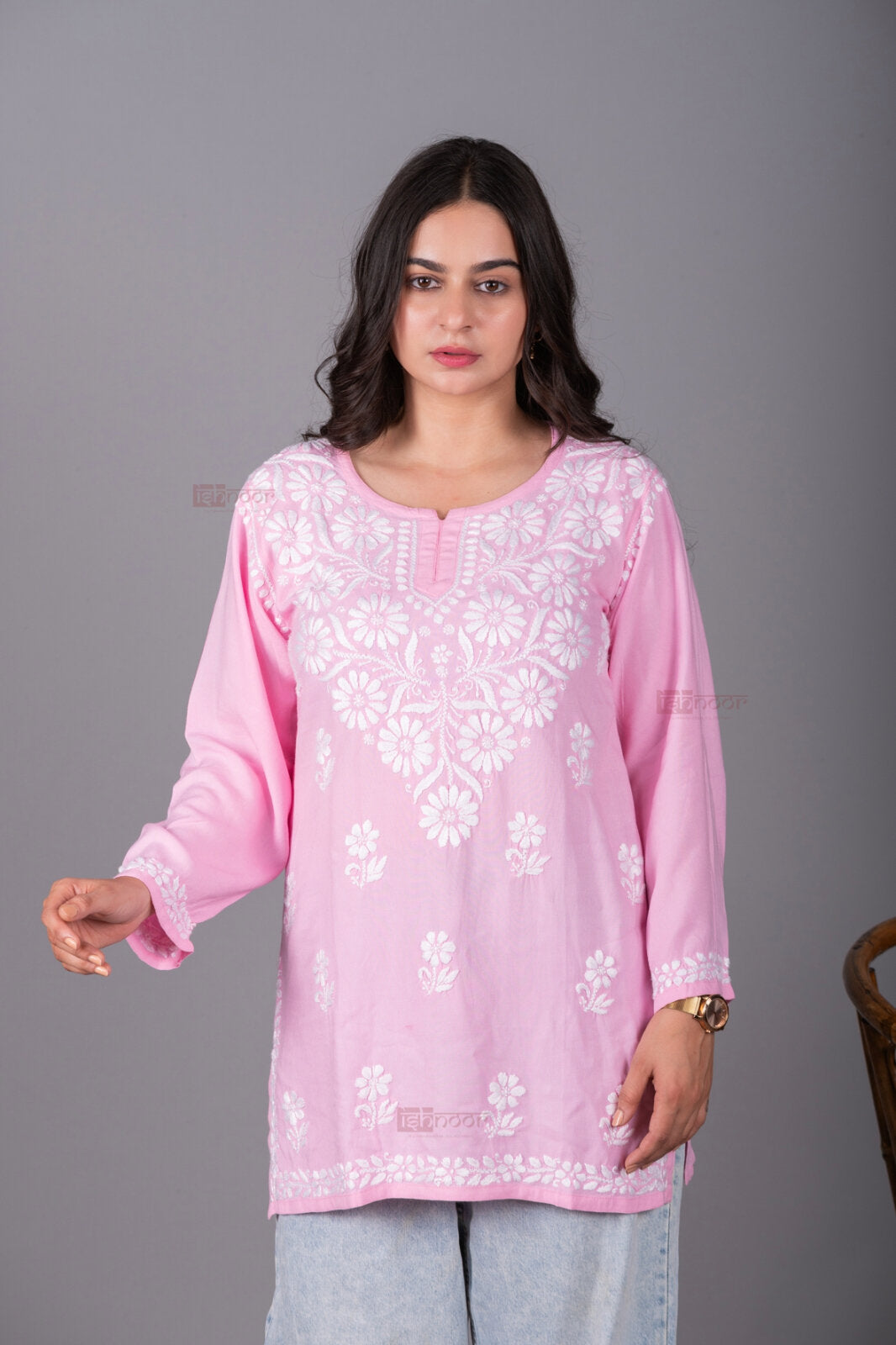 Meher Rayon Short Chikankari Kurti - blush-pink