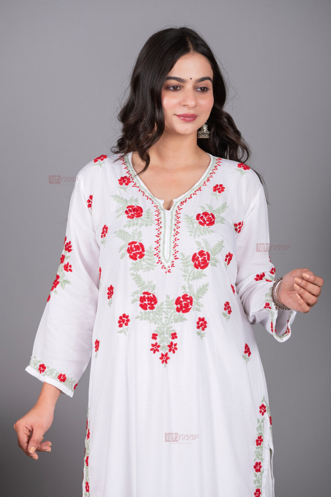 Meher Rayon Long Chikankari Kurti 3 - white