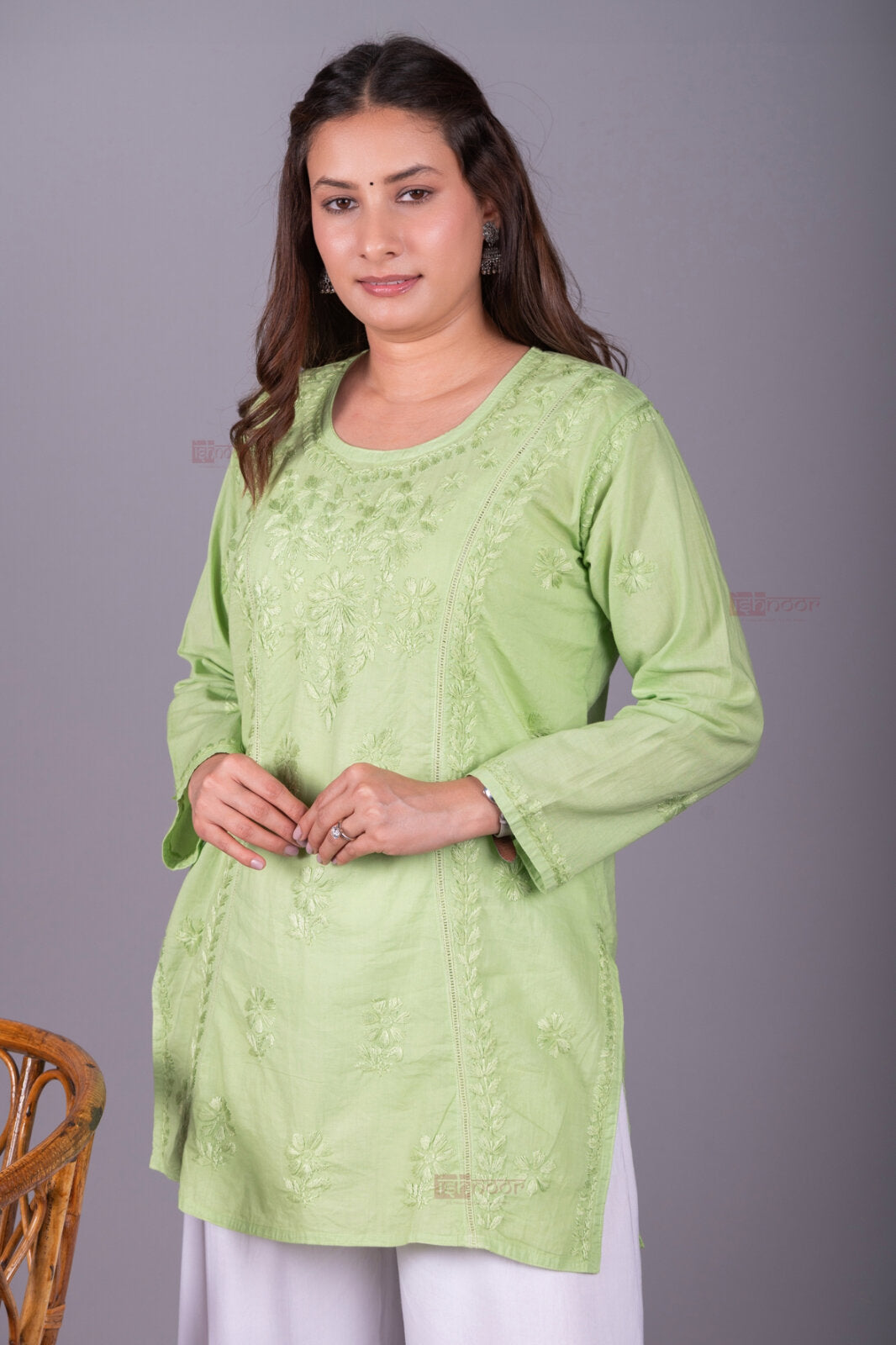 Meher Short Cotton Chikankari Kurti 2 - pistachio-green