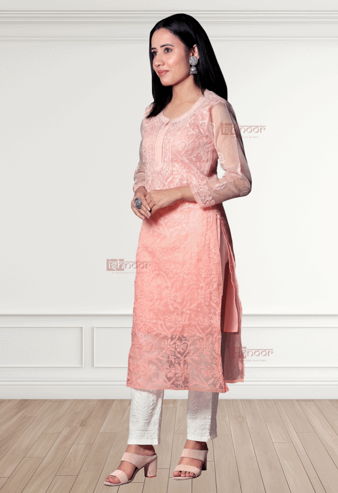 Noor  Premium Organza Long Chikankari Kurti - soft-peach