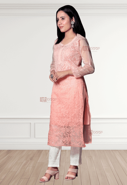 Noor  Premium Organza Long Chikankari Kurti - soft-peach