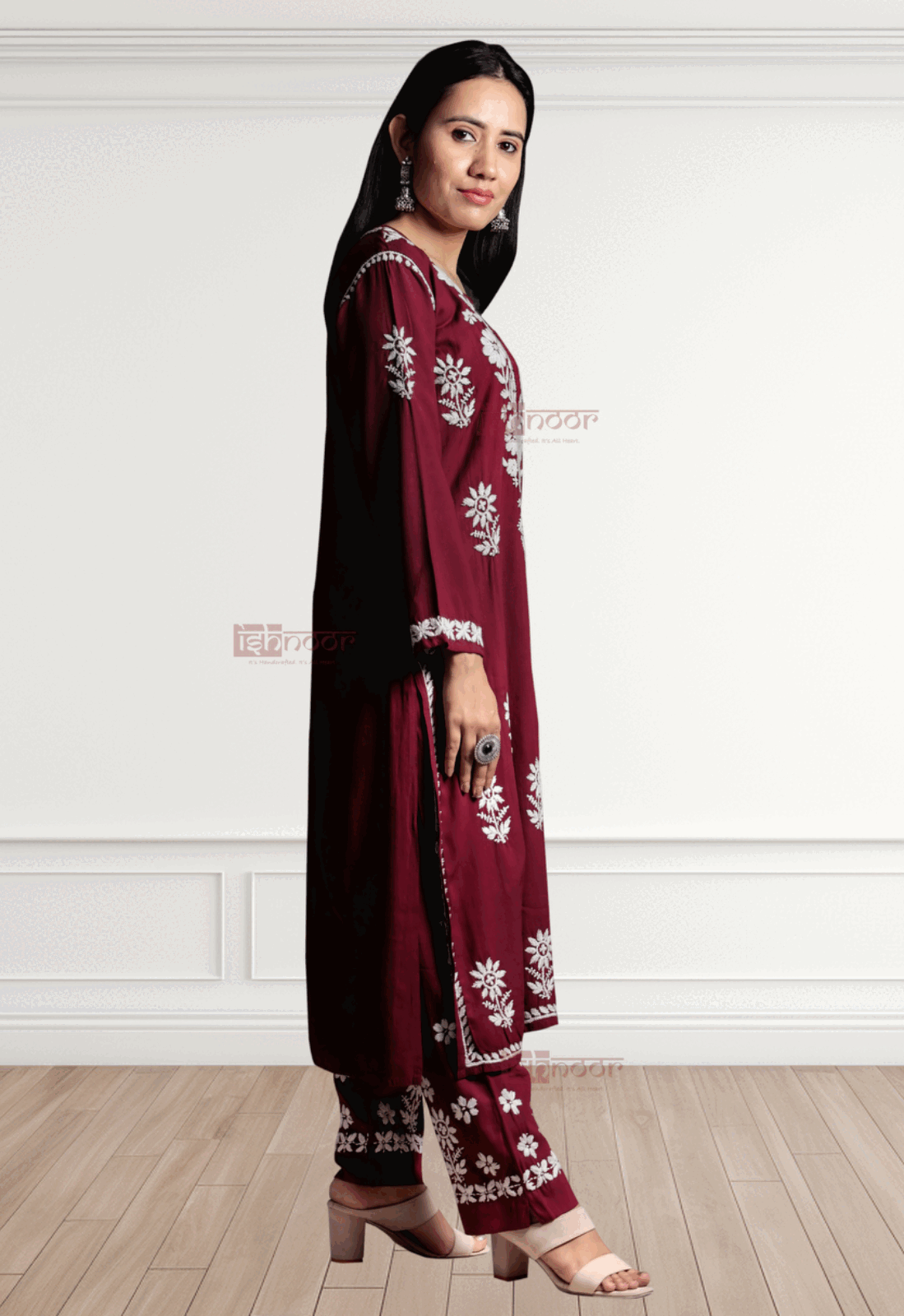 Noor Rayon Chikankari Kurti & Palazzo Set - maroon