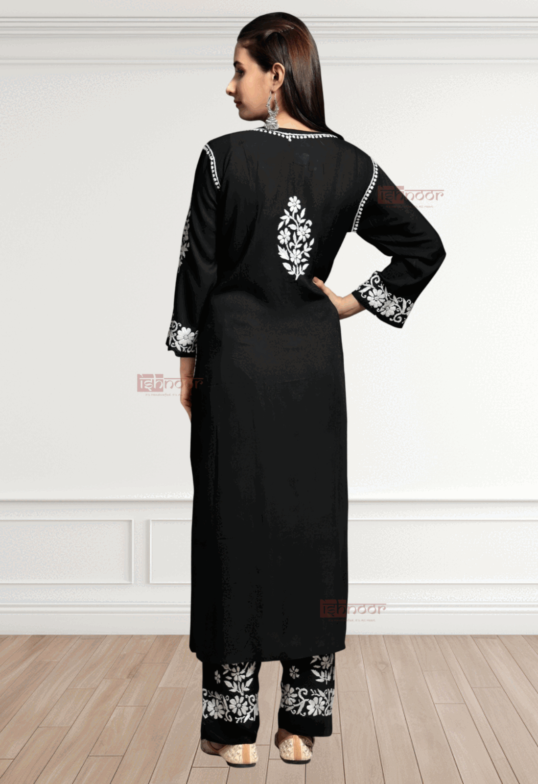 Noor Modal Chikankari Kurti & Palazzo Set - black