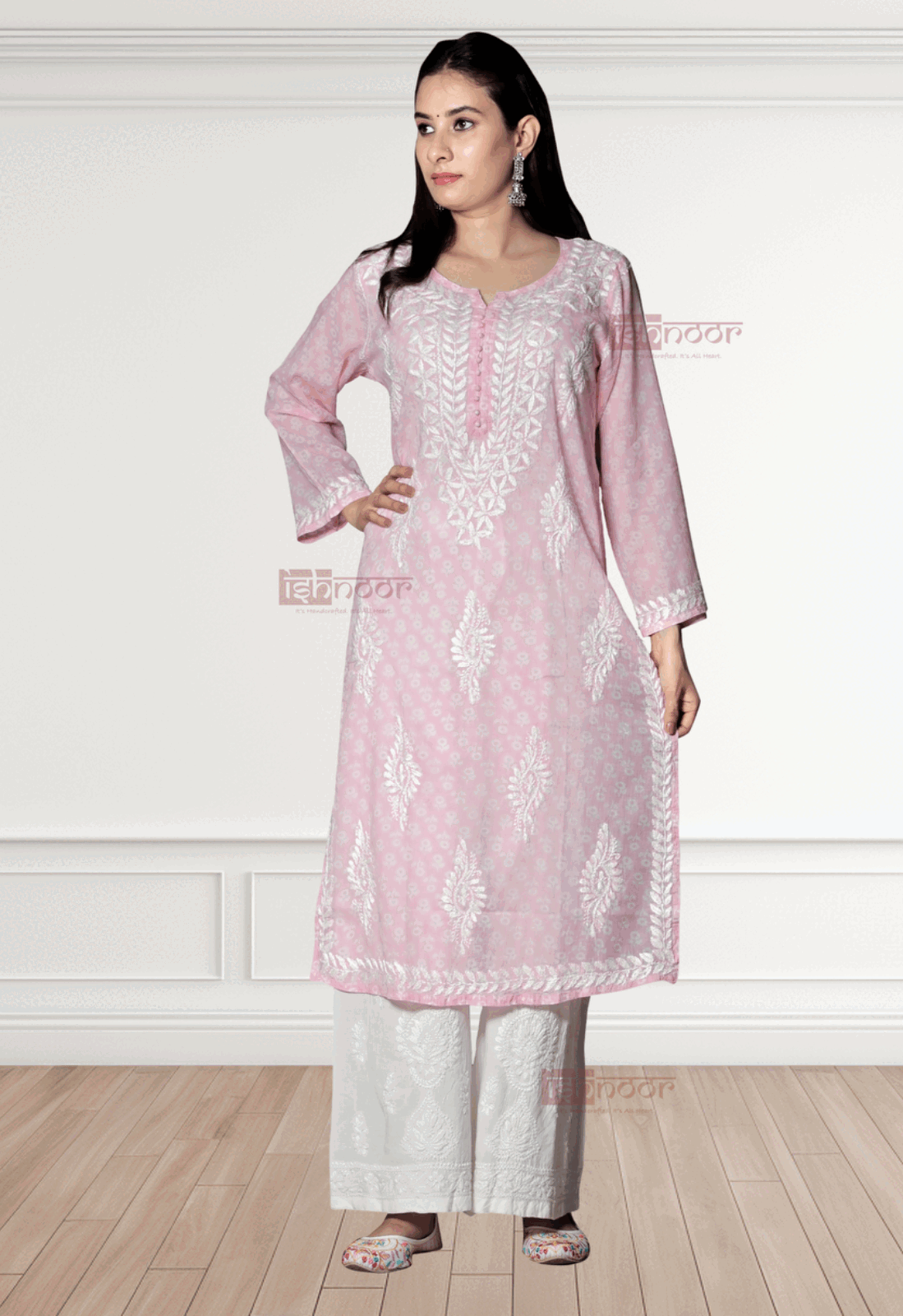 Noor Mul Cotton Long Chikankari Kurti - blush-pink