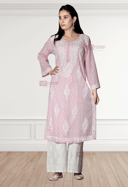 Noor Mul Cotton Long Chikankari Kurti - blush-pink