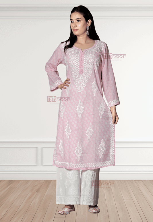 Noor Mul Cotton Long Chikankari Kurti - blush-pink