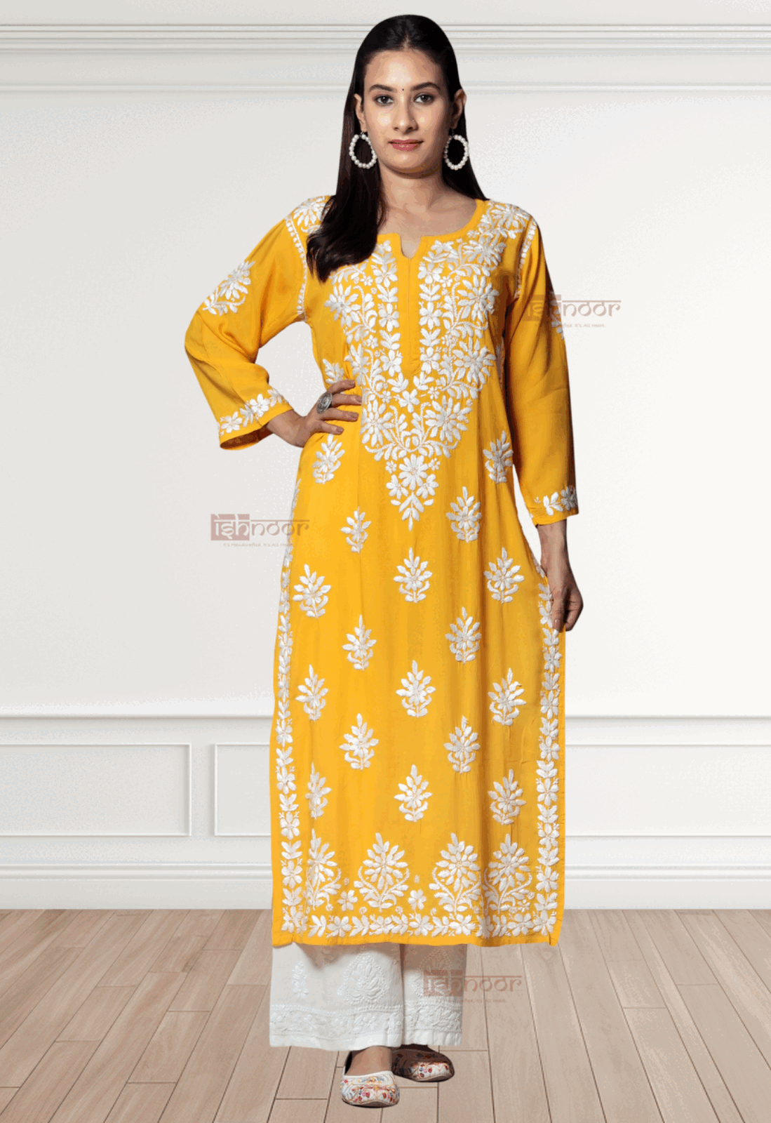 Noor Premium Modal Chikankari Kurti 2 - lemon-yellow