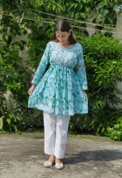 Noor Mul Cotton Short Chikankari Kurti - aqua-blue